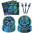 Neon Game On Decorations Tableware - Video Game Happy Birthday Paper Plate Napkin Forks for Boys Graffiti Wall Level Up Gaming Night Arcade Birthday Party Supplies Serve 24 Guests
