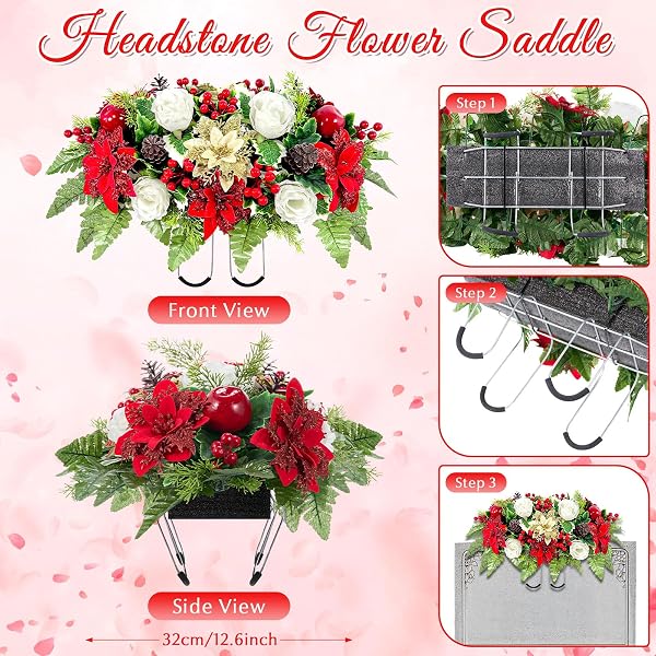GIEGXIN 3 PCS CHRISTMAS HEADSTONE FLOWER SADDLE CEMETERY FLOWERS FOR GRAVE RED GOLD POINSETTIA BERRY ROSES ARTIFICIAL MEMORIAL BOUQUETS WITH VASE OUTDOOR GRAVEYARD DECORATION FOR TOMBSTONE HEADSTONE