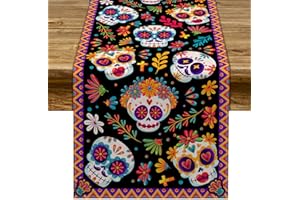 Pudodo Day of The Dead Table Runner Sugar Skull Dia De Los Muertos Mexican Festival Holiday Kitchen Dining Room Home Decoration (13" x 72")