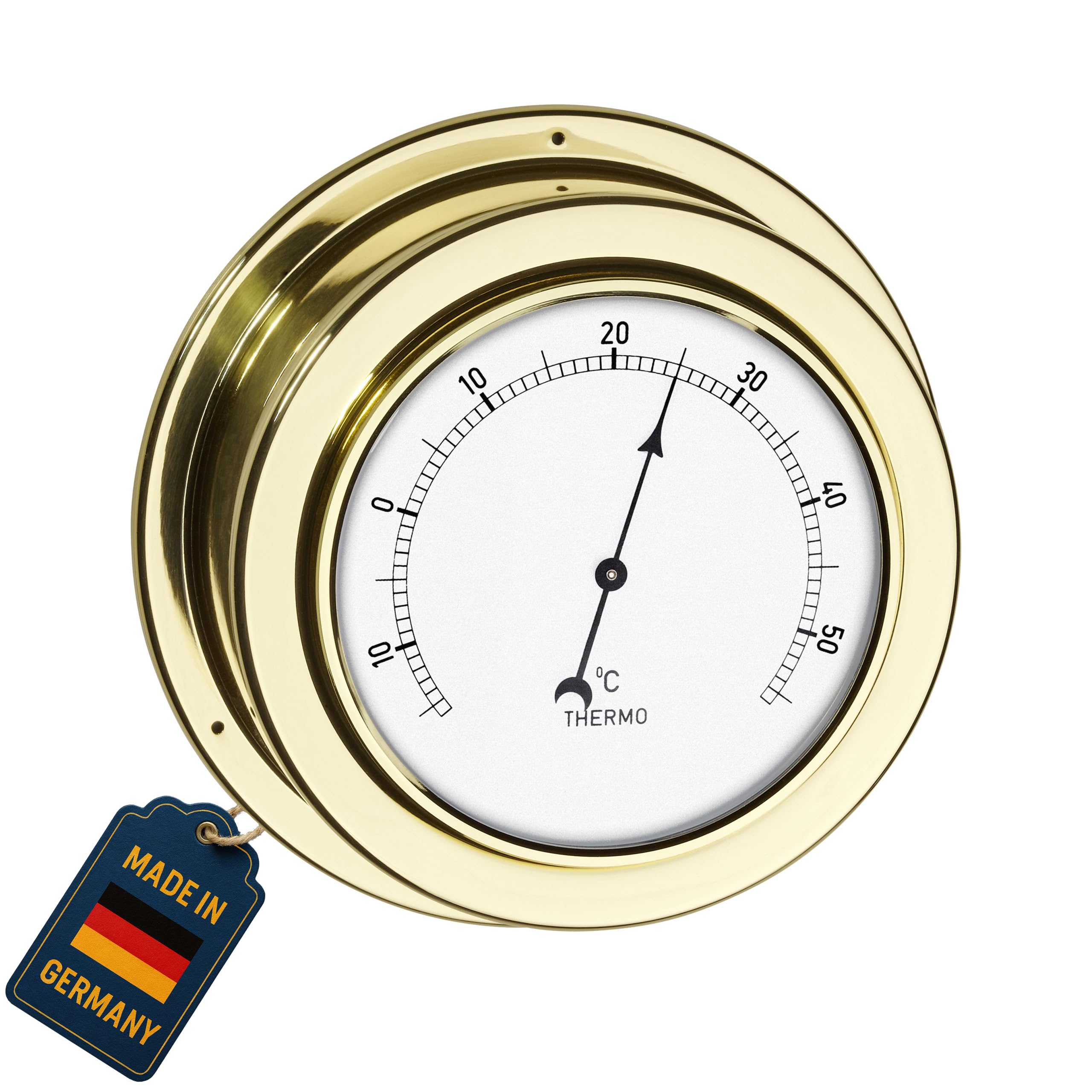 TFA Dostmann Analogue Thermometer Brass, 19.2015, Made in Germany, for Room Temperature, in Maritime Design, Polished, Multi-Colour, 0.8 x 16 x 6.5 cm