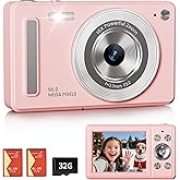 Digital Camera, FHD 1080P Point and Shoot Camera with 32GB SD Card, 2 Batteries, 16X Zoom, Anti Shake, Compact Small Design for Kids Teens Students Girls Boys (Pink)