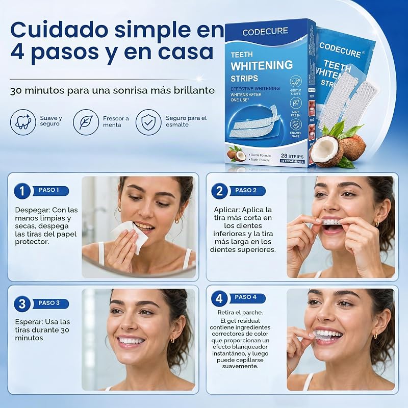Tiras Blanqueadoras Dientes Sin Sensibilidad Sabor Coco 28 Tiras