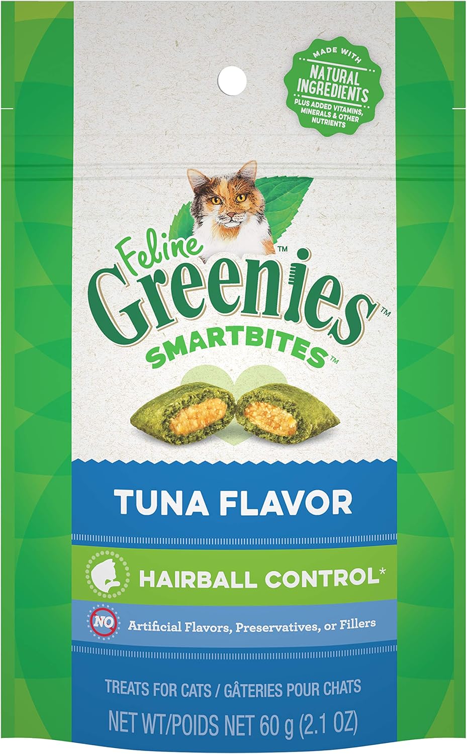 FELINE GREENIES SMARTBITES Hairball Control Crunchy and Soft Natural Cat Treats, Tuna Flavor, 2.1 oz. Pack : Pet Snack Treats : Pet Supplies