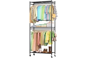 Sakugi Clothes Rack - 33.0" x 12.2" x 79.5" Clothing Rack with Shelves & Wheels, Multi-Functional Wardrobe Closet with Hooks, Sturdy Metal Garment Rack for Bedroom, Laundry, Balcony (Black)