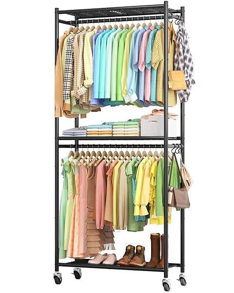 SAKUGI CLOTHES RACK – 33.0″ X 12.2″ X 79.5″ CLOTHING RACK WITH SHELVES & WHEELS, MULTI-FUNCTIONAL WARDROBE CLOSET WITH HOOKS, STURDY METAL GARMENT RACK FOR BEDROOM, LAUNDRY, BALCONY (BLACK)