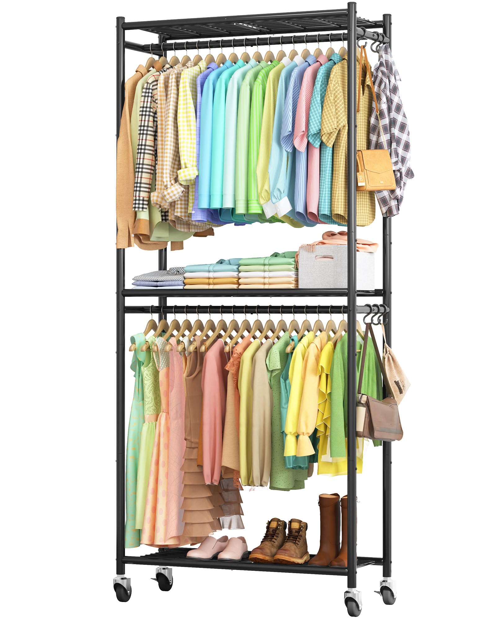Photo 1 of Sakugi Clothes Rack - 33.0" x 12.2" x 79.5" Clothing Rack with Shelves & Wheels, Multi-Functional Wardrobe Closet with Hooks, Sturdy Metal Garment Rack for Bedroom, Laundry, Balcony (Black)