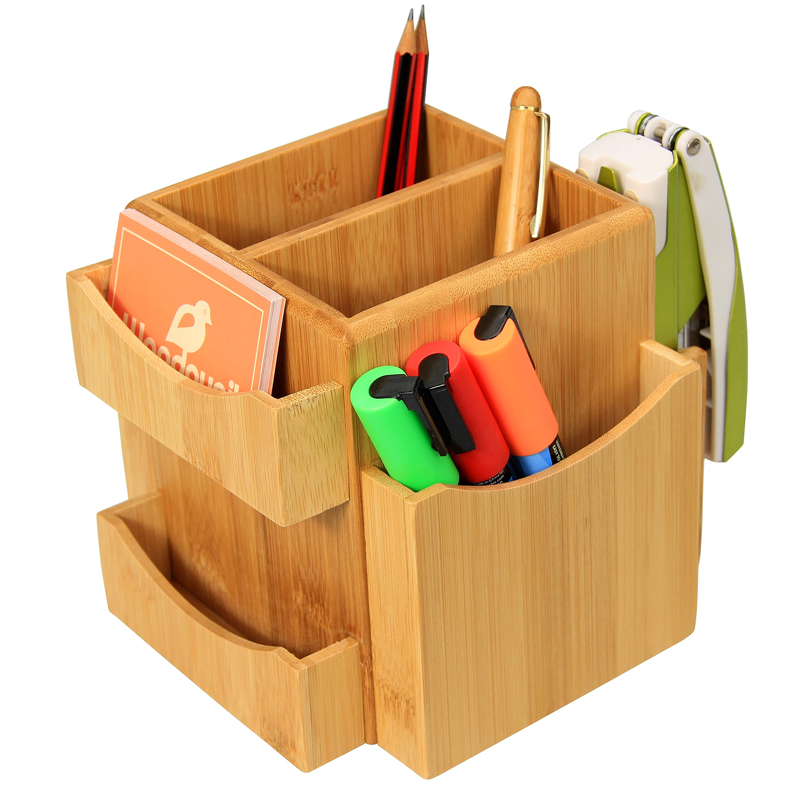 Woodquail Revolving Desk Organiser, Stationery Box Desk Tidy, Made of Natural Bamboo (Desk Tidy)