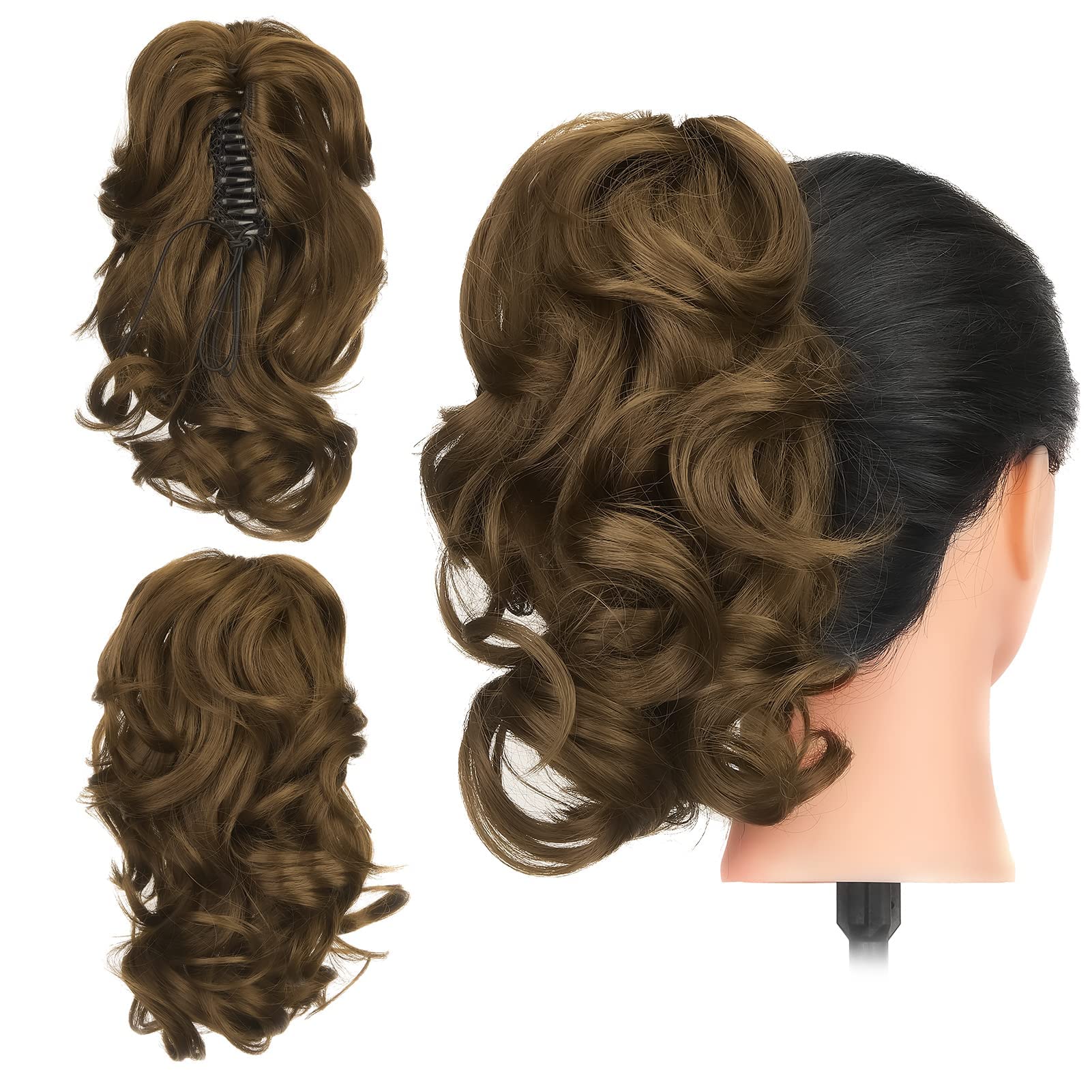 Gairyan 12" Clip in Ponytail Hair Extensions Curly Ponytail Extension Claw on Pony tails Wavy Synthetic Hairpieces for Women Real Look Short Wave (Ash Brown) โ image 1