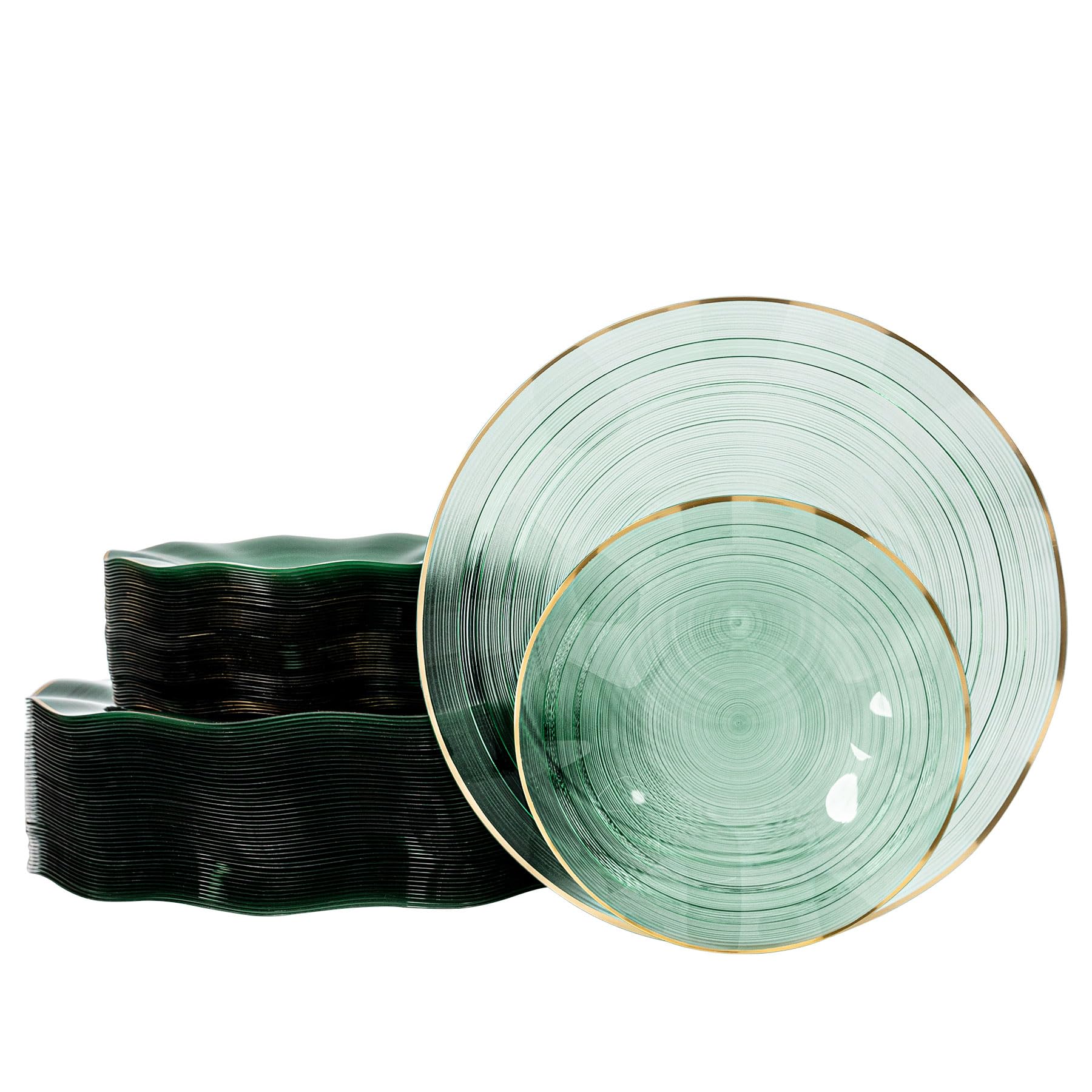 Photo 1 of 100PCS Green Plastic Plates-Crystal Design Green Wave Disposable Plates with Gold Rim, Fancy Disposable Plates Include 50 Dinner Plates, 50 Dessert/Salad Plates for Party & Christmas