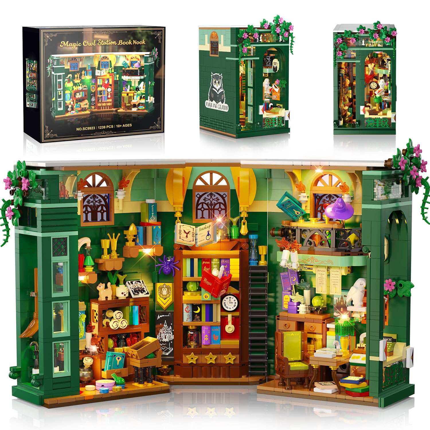 Photo 1 of INSOON Magic Owl Station Book Nook Building Set with Lights, DIY Booknook Building Block Toy for Bookshelf Home Decor, 1239 PCS Bookend House Building Brick Kit for Adults Teens Boys Girls Ages 10+