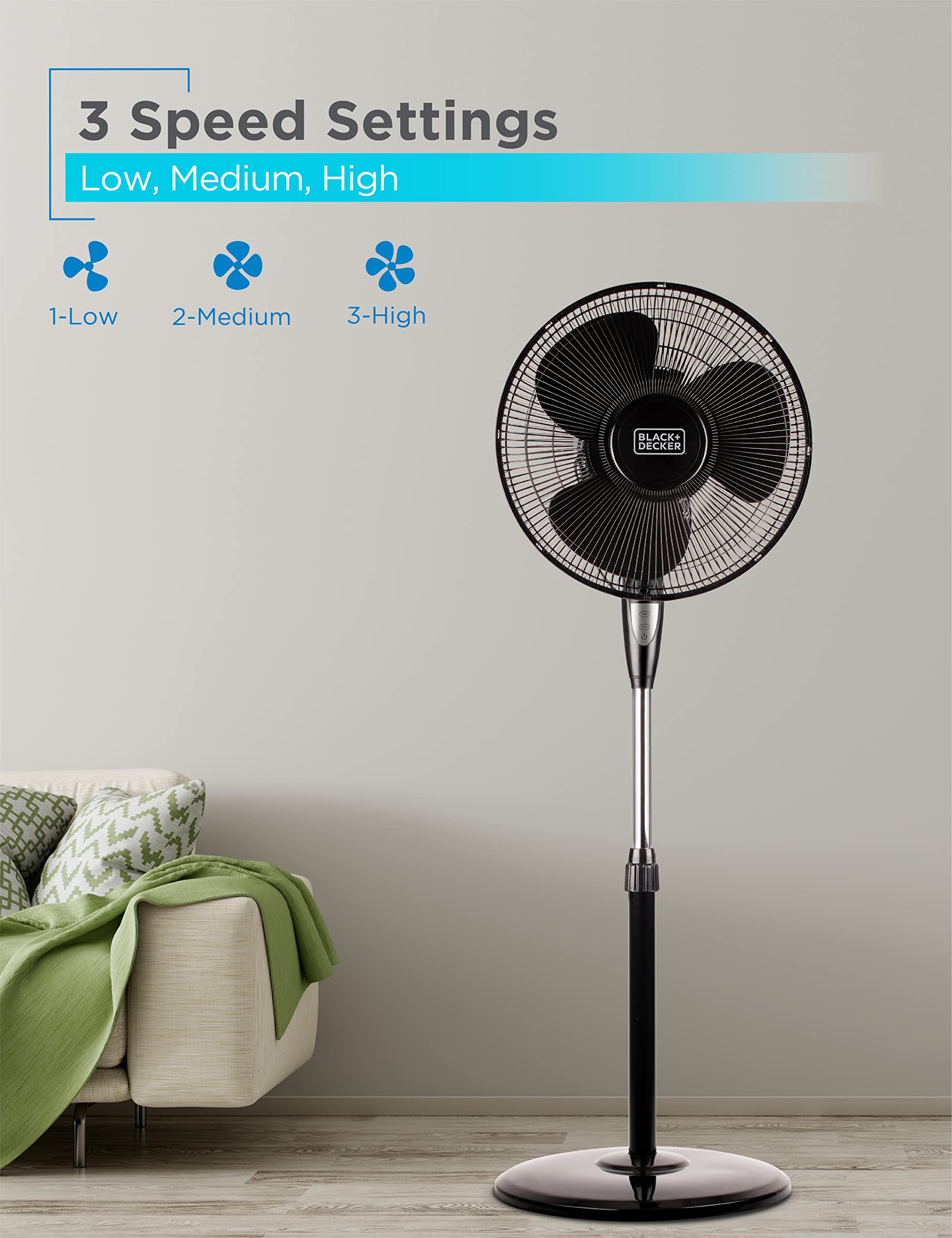 BLACK+DECKER 16 Inches Stand Fan with Pedestal Base, Height Adjustable Pedestal Fan with Remote and Touch Control Panel, Free Standing Fan with 90-Degree Oscillating and 3-Speed Settings, Black