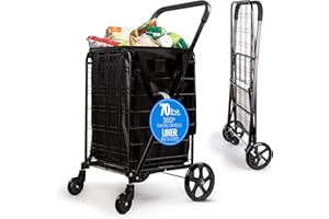 SereneLife Small Compact Folding Shopping Cart with Removable Waterproof Liner – 360° Swivel Wheels, Rust‑Proof Steel Frame, 70 lb Capacity – Portable Grocery, Laundry & Travel Cart (Black)
