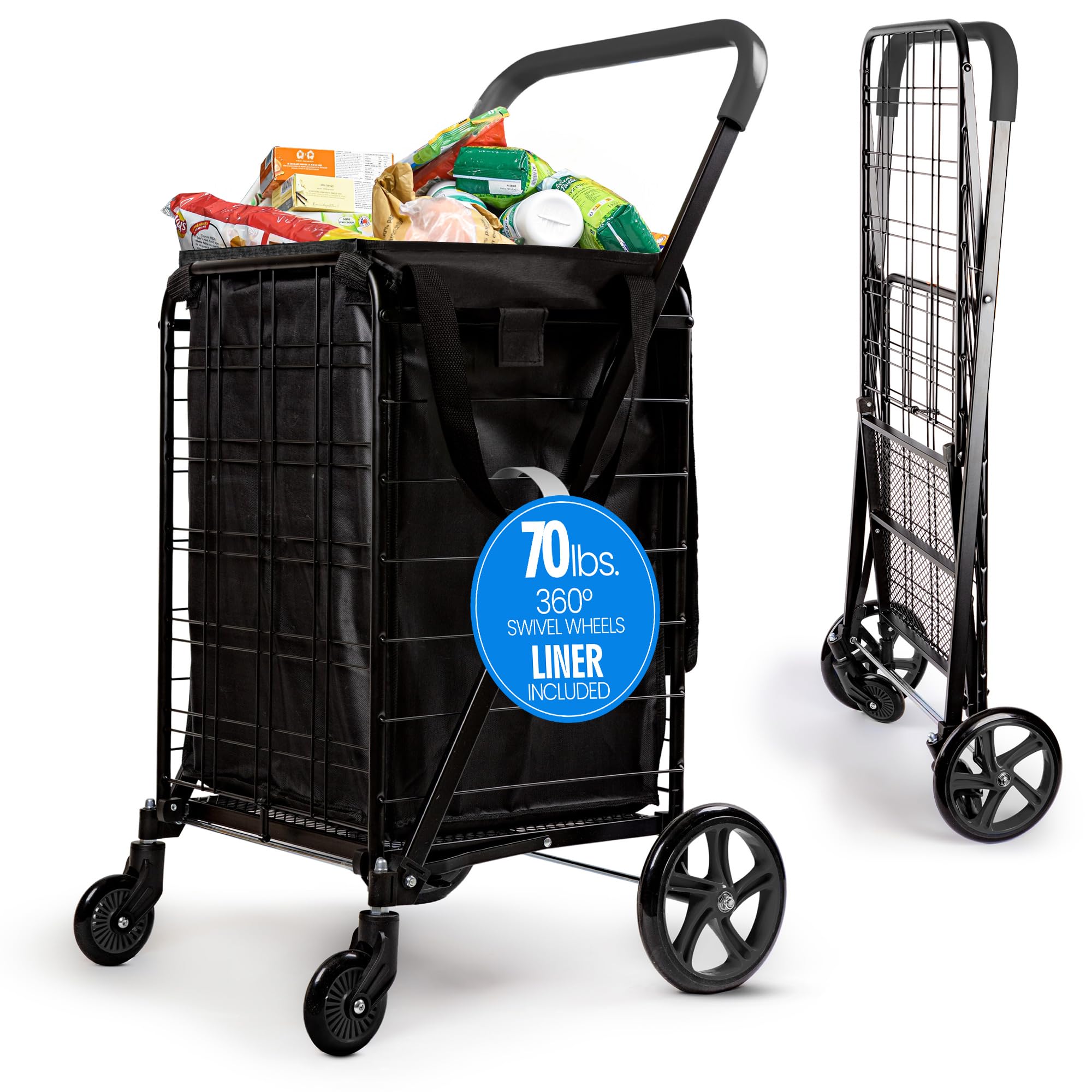 Photo 1 of *MISSING PARTS*
SereneLife Small Compact Folding Shopping Cart with Removable Waterproof Liner – 360° Swivel Wheels, Rust?Proof Steel Frame, 70?lb Capacity – Portable Grocery, Laundry & Travel Cart (Black)