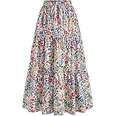 winkbay Women's Boho Floral Tiered Ruffle Maxi Skirt High Waisted Flowy Beach Vacation Skirts with Pockets
