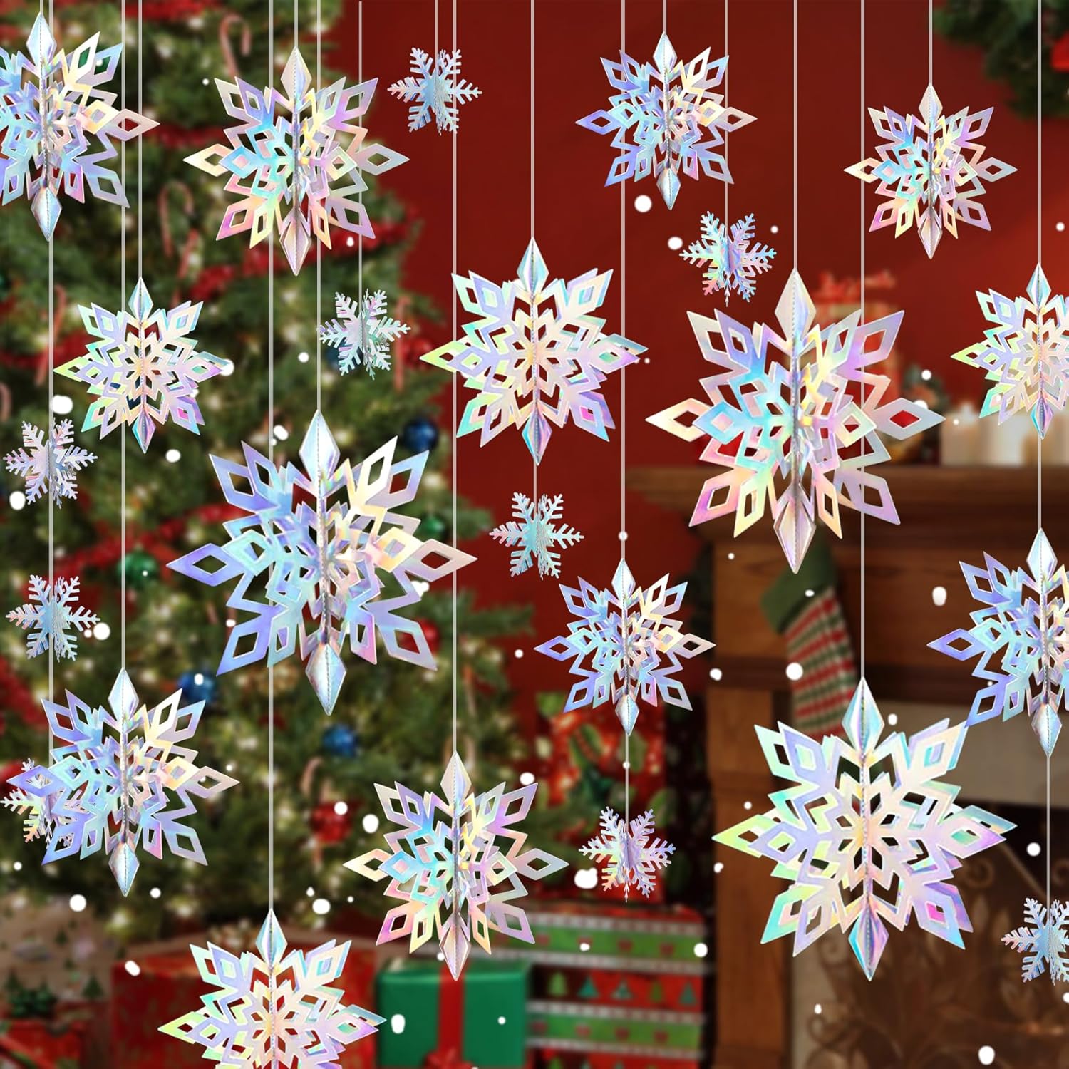 Wreaths, Garlands & Swags - 24Pcs Christmas Hanging Snowflake Decorations Snowflakes 3D Large Paper Snow Flakes Garland for Frozen Birthday Party Christmas Winter Wonderland Decorations Iridescent New Year Holiday Home Decor