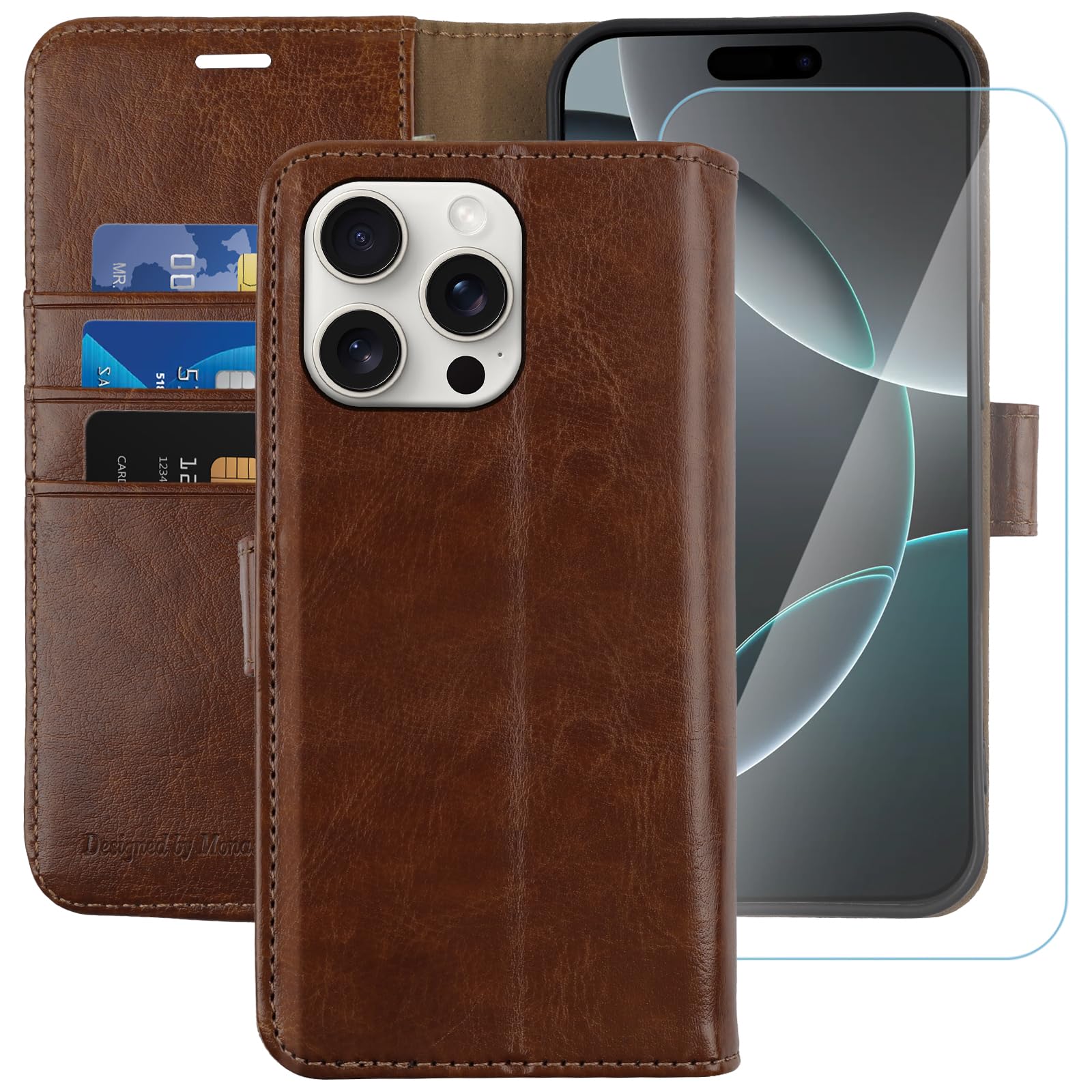 MONASAY for iPhone 16 Pro 5G Wallet Case,[Glass Screen Protector Included] [RFID Blocking] Flip Folio Leather Cell Phone Cover with Credit Card Holder, 6.3-inch, Brown