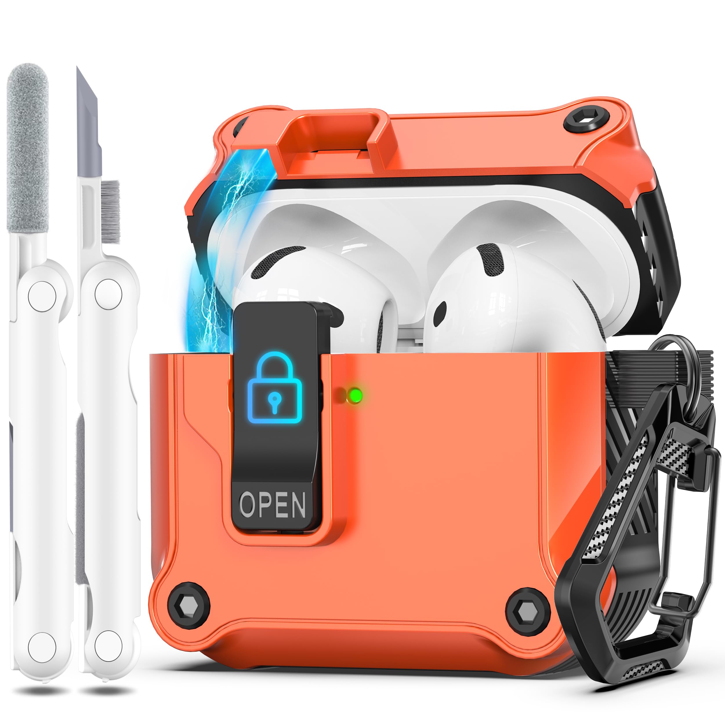 Photo 1 of R-fun Compatible with AirPods 4th Gen Case, Full Drop Protection Auto Pop-Up Lid and Lock Design with Cleaner Kit and Keychain for AirPods 4 2024-Orange