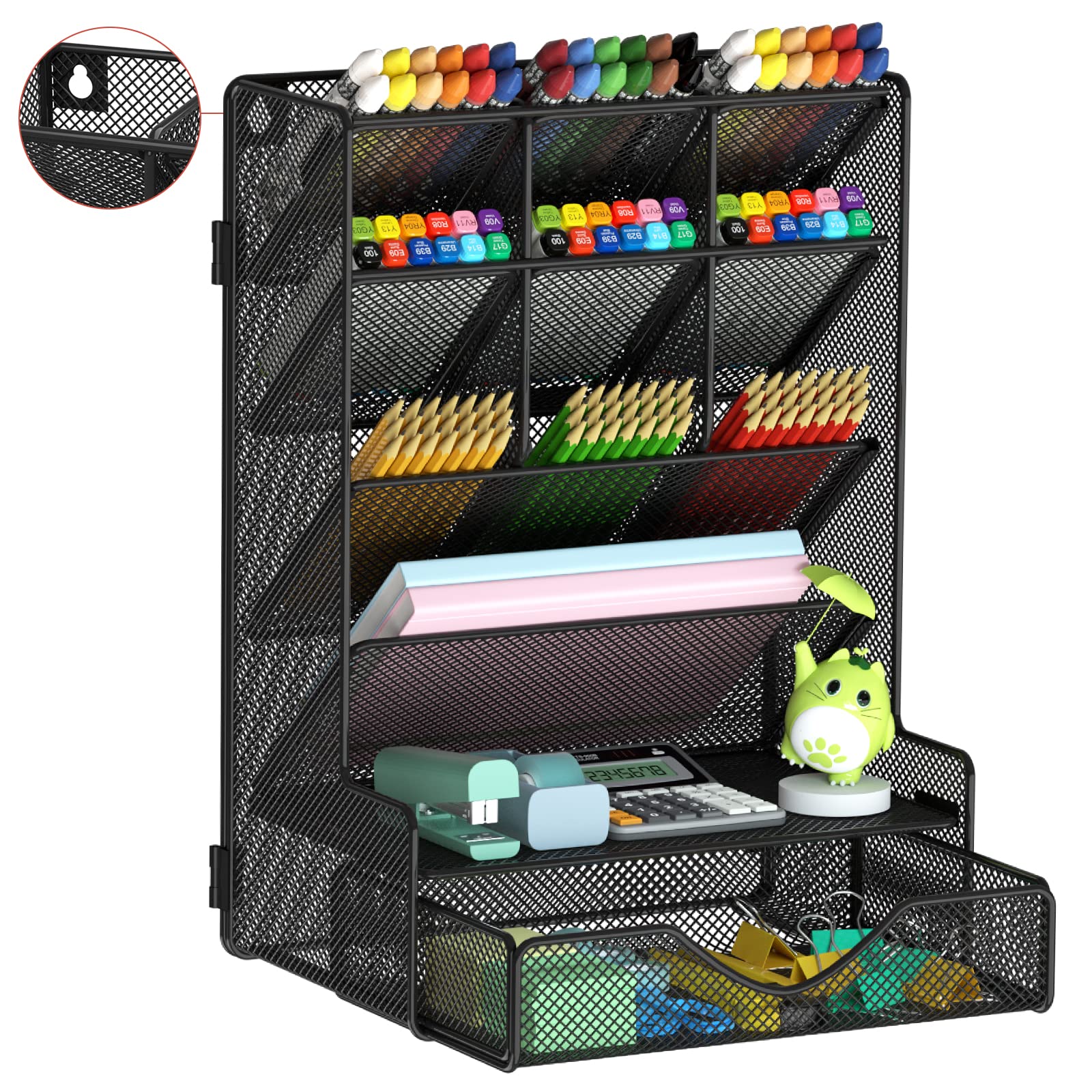 Photo 1 of Pen Organizer for Desk, Multi-Functional Desk Organizer, Wall Mount Pen Holder with Drawer for School, Office, Home, Art Supplies, Black