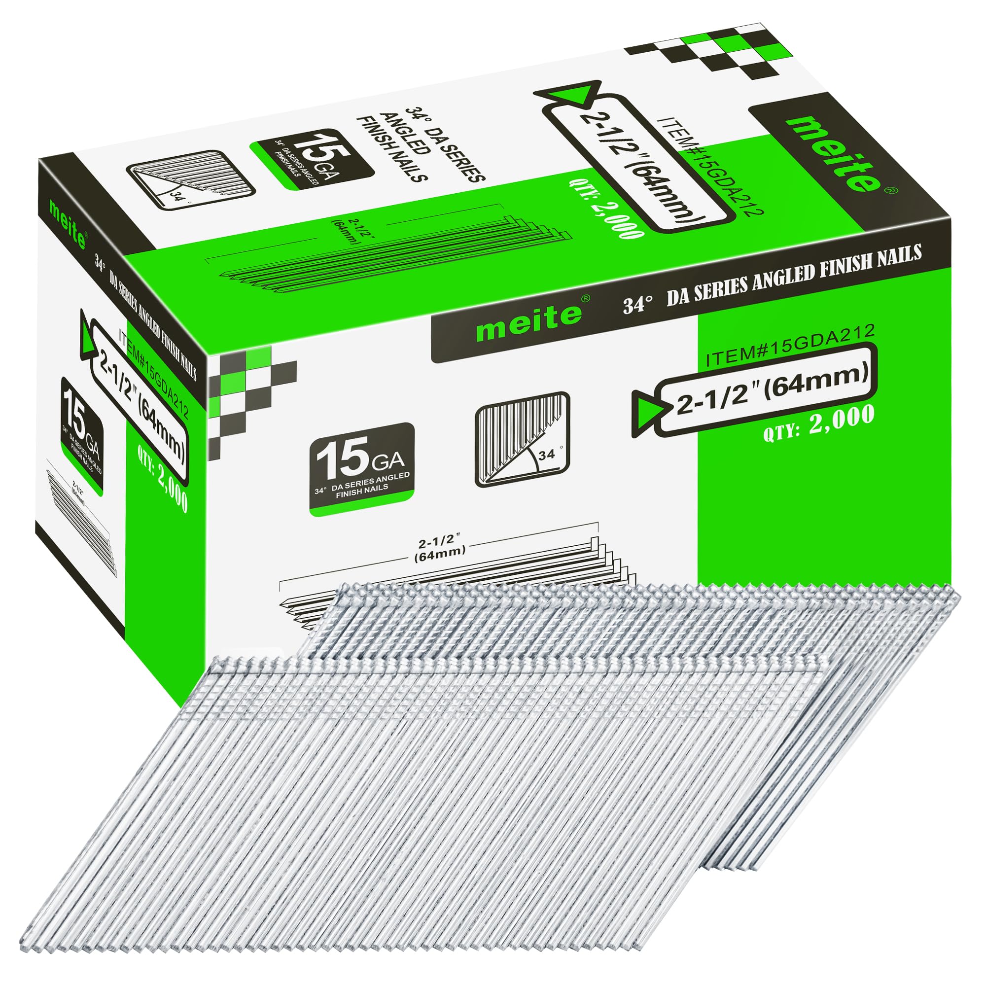 meite DA64 Type 15G / 64 mm Angled Finish Nails, 15 Gauge 34 Degree Galvanised Angled Finishing Nails for Nail Guns - Ideal for Woodworking, Upholstery, and Framing Projects (2,000 Counts)