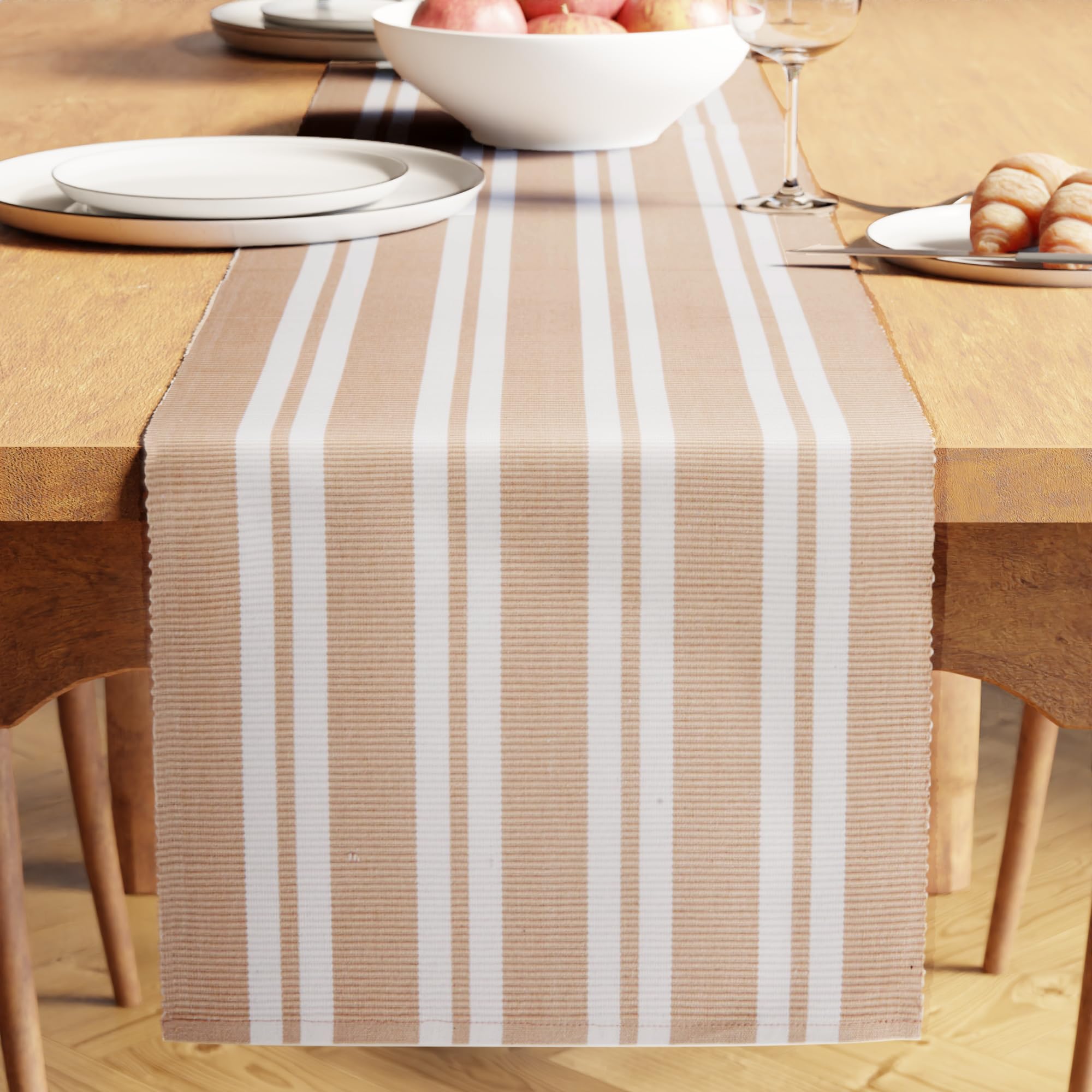 Encasa XO Dining Table Runner 32x150 cm | Yarn Dyed Fine Ribbed Cotton | Franca Beige Stripes | Machine Washable — image 1
