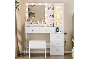 HUANLEGO Vanity Desk with Mirror and Lights, White Makeup Vanity with 5 Drawers Hidden Jewelry Organizer& LED Glass Cabinet,3 Light Mode and Brightness Adjusted,Vanities Mirror with Lights Desk and Chair