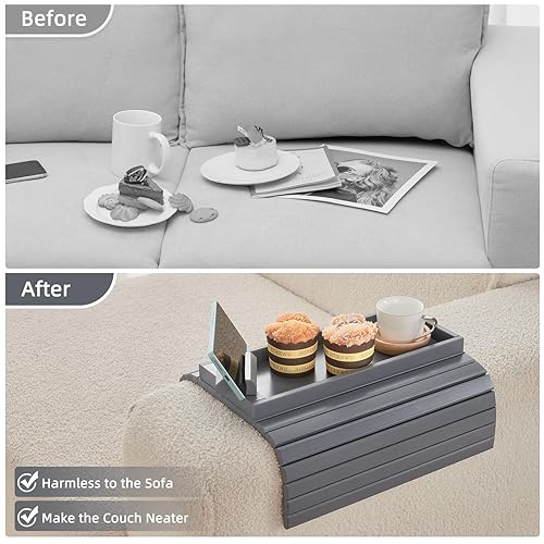 GEHE Bamboo Sofa Arm Tray, Couch Arm Tray with 360° Rotating Phone
