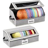 Snuvid Hat Organizer for Baseball Caps, 2-Pack Stackable Hat Storage Box Holds 30 Caps, Foldable Cardboard Holder with Clear Dust-Proof Window for Closet, Grey