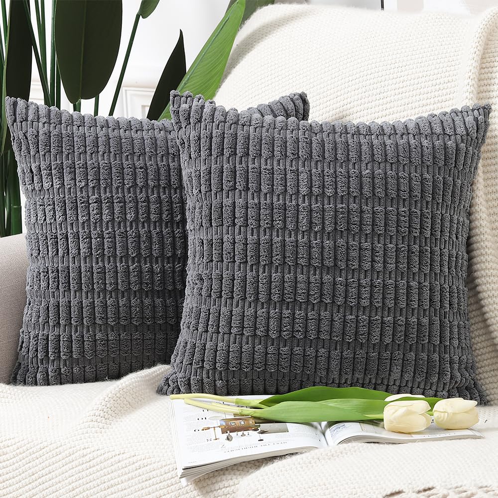 Madizz Pack of 2 Boho Striped Corduroy Throw Pillow Covers 20x20 inch, 50x50 cm, Dark Grey Soft Decorative Cushion Cover for Sofa Bedroom Pillow Shell — image 1