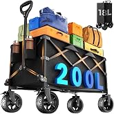 Heavy Duty Collapsible Wagon Cart, 200L Large Capacity Folding Beach Wagon with Big All-Terrain Wheels, Brake &amp; Adjustable Handle, 500 lbs Utility Cart for Camping, Sports-Heavy Black
