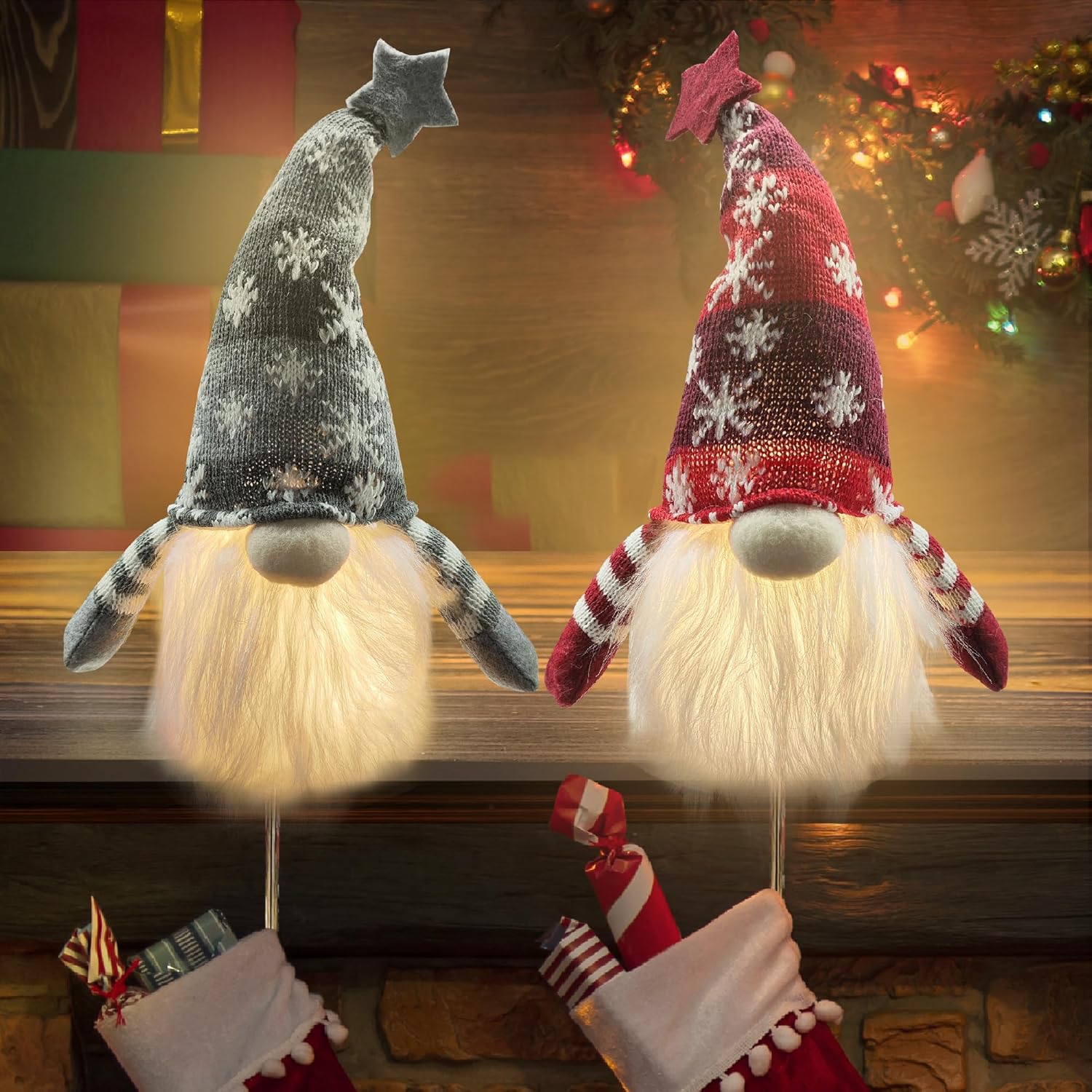 Stockings & Holders - Christmas Stocking Holders for Mantle, 2 Pack Christmas Mantle Gnome Snowflake Decor with Lights, Christmas Decorations for Home Indoor, Stocking Hangers for Fireplace Christmas Decoraions