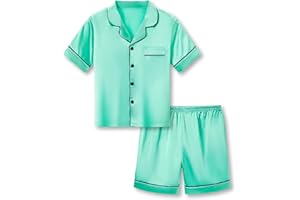 Beezizac Little & Big Girls Pajama Set Size 6-16 -Pink/Blue/Turquoise/Peach Satin Silky Cute Summer Shorts Outfit