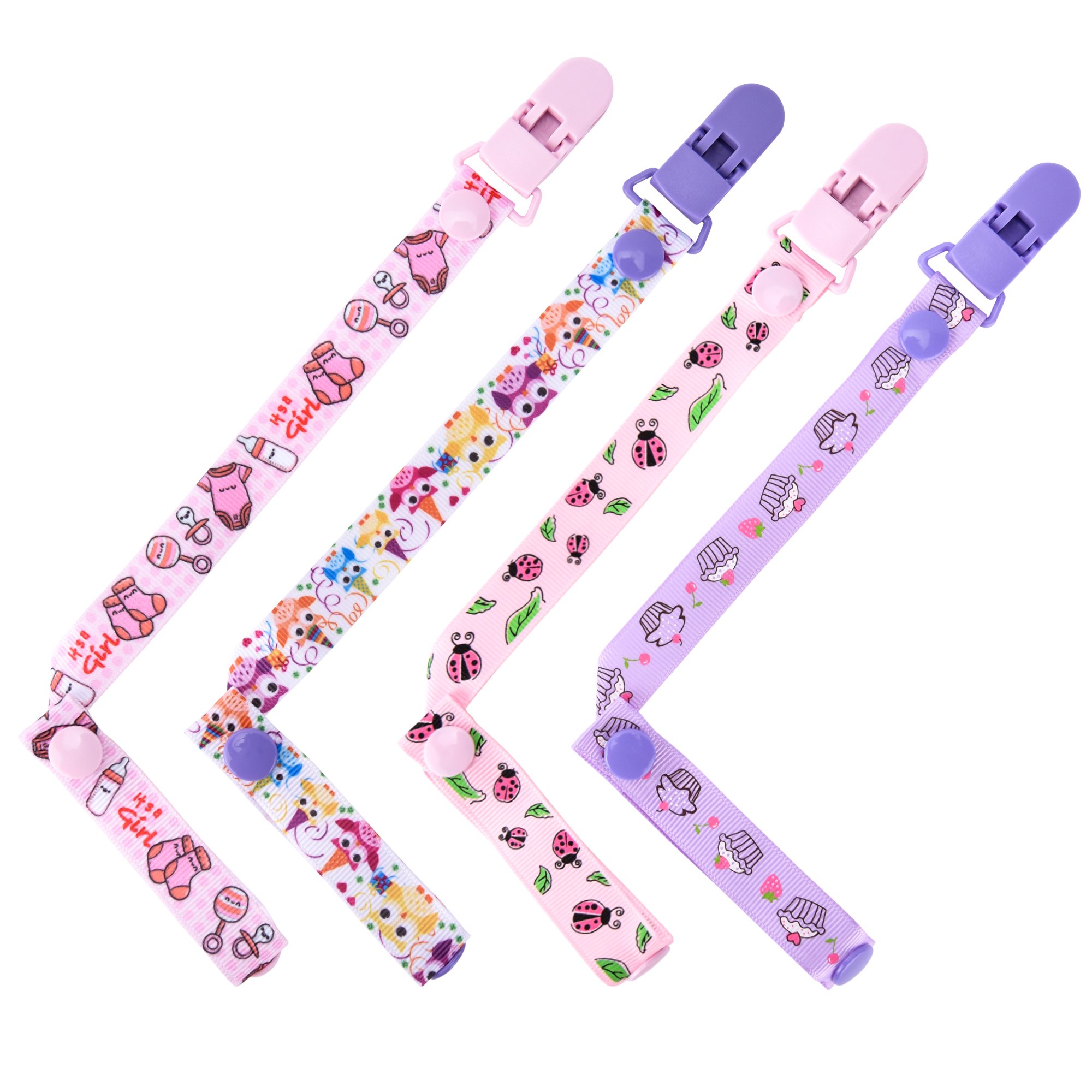 Baby Dummy Clip Pacifier Holder Strap - 4 Pack - Safe&Care Soother Chain for Newborns Girls