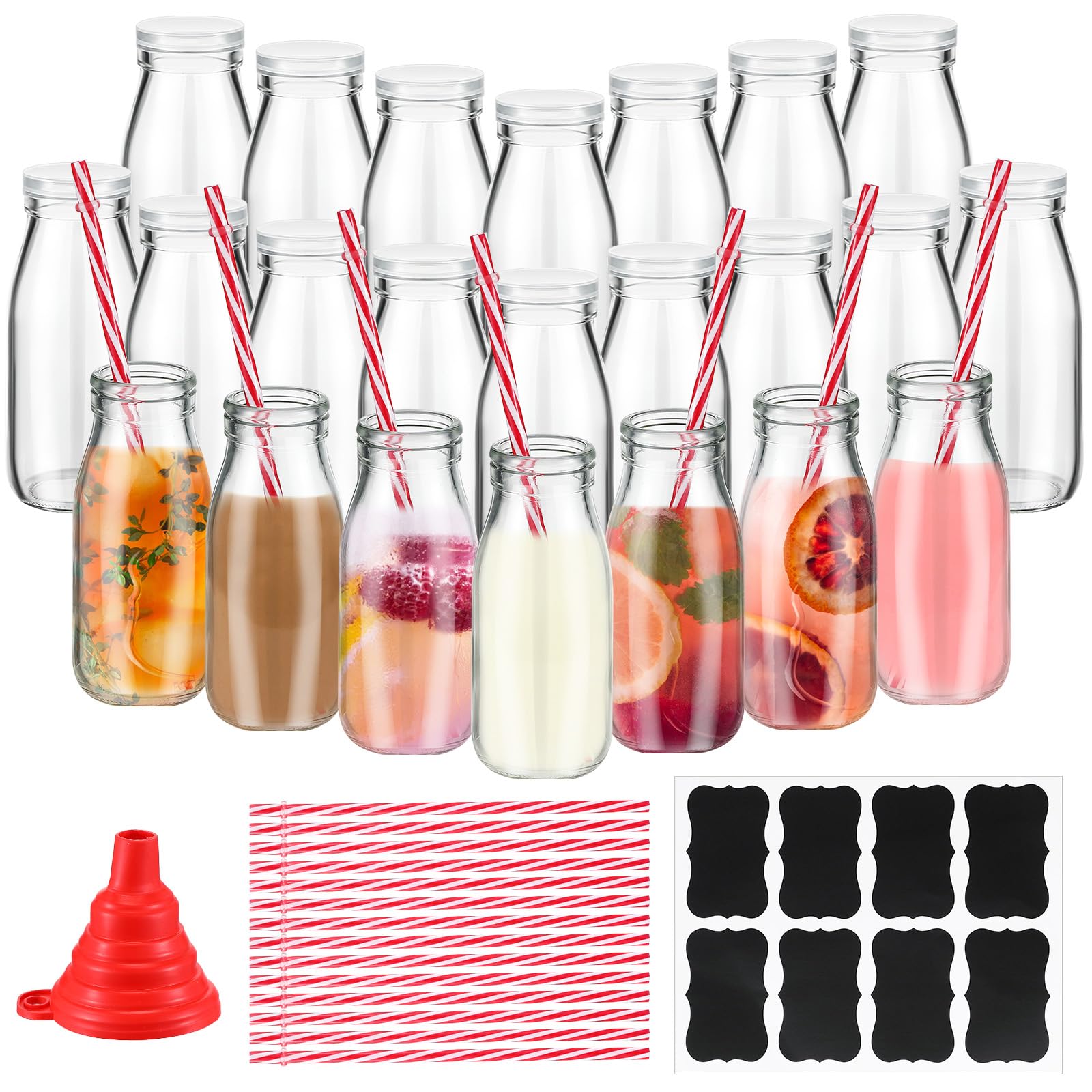 Photo 1 of Tioncy Glass Bottles Set, 20 Pack 8.5oz Milk Bottles with Lids, Straws, Funnel & Labels for Juice, Coffee, Party Decoration