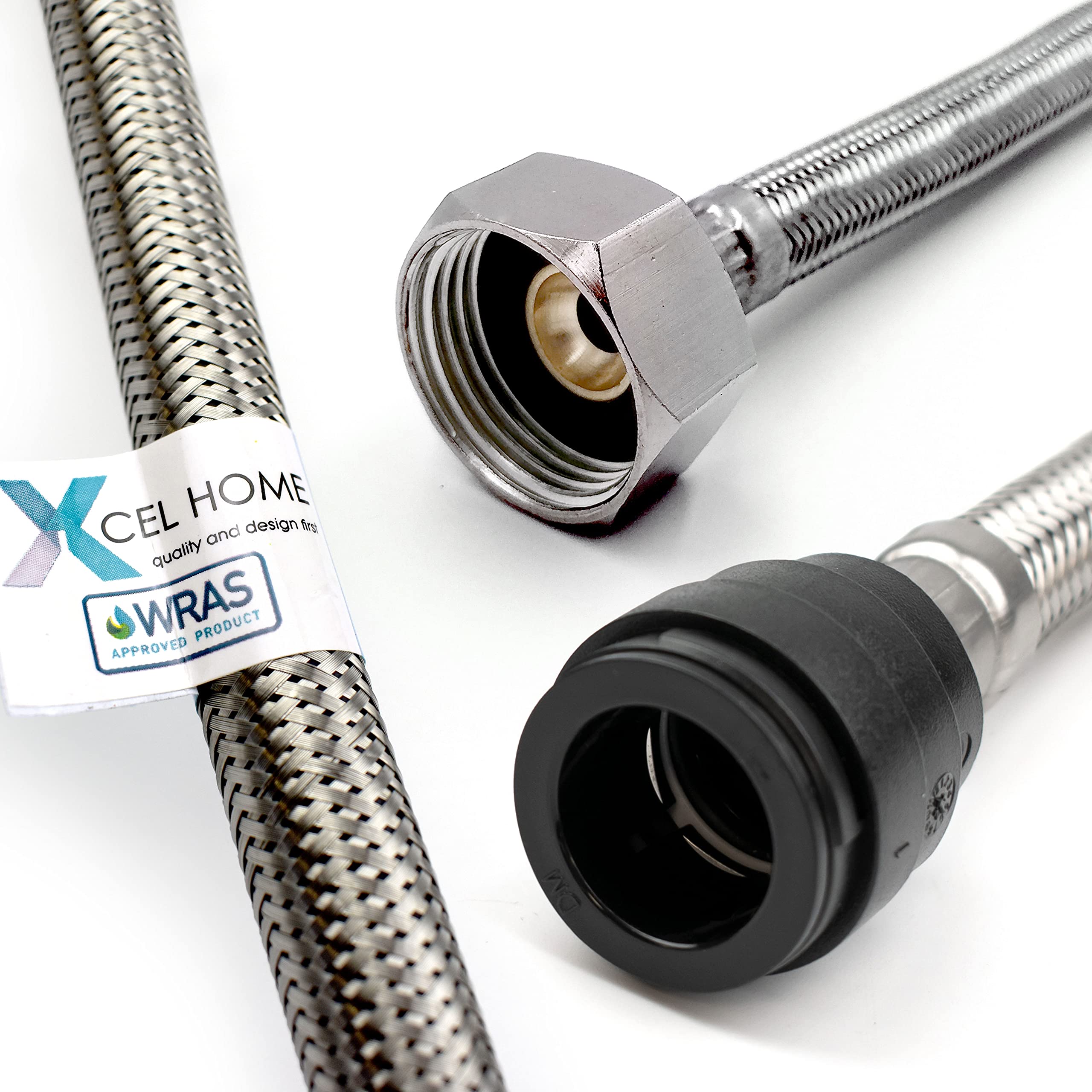 Xcel Home WRAS Approved Push Fit Flexible Connector (500mm Long) | 22mm x 3/4" BSP Tap Connector for Kitchen Sink/Bathroom Basin | Stainless Steel Braided Flexi Tails 2 Lengths Available | 1 Pipe
