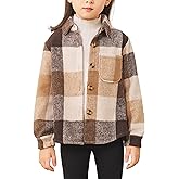 Fdqin Girls Flannel Shirts Fall Jacket Cute Button Down Plaid Shirt Long Sleeve Fleece Shacket with Pocket 4-12 Years