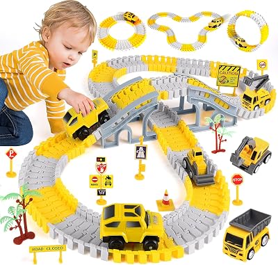 TODARRUN Construction Race Track Toys with 6 Vehicles and Flexible Track Set