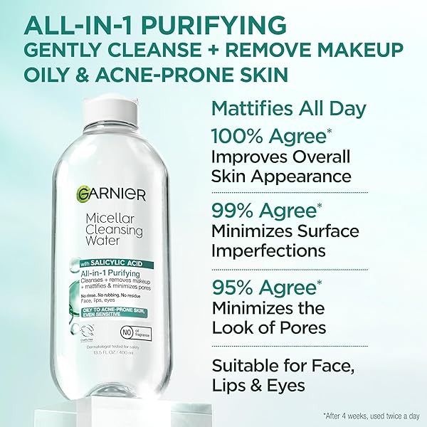 GARNIER MICELLAR WATER WITH SALICYLIC ACID, ALL-IN-1 MATTIFYING FACIAL CLEANSER AND MAKEUP REMOVER FOR OILY AND ACNE PRONE SKIN, 13.5 FL OZ