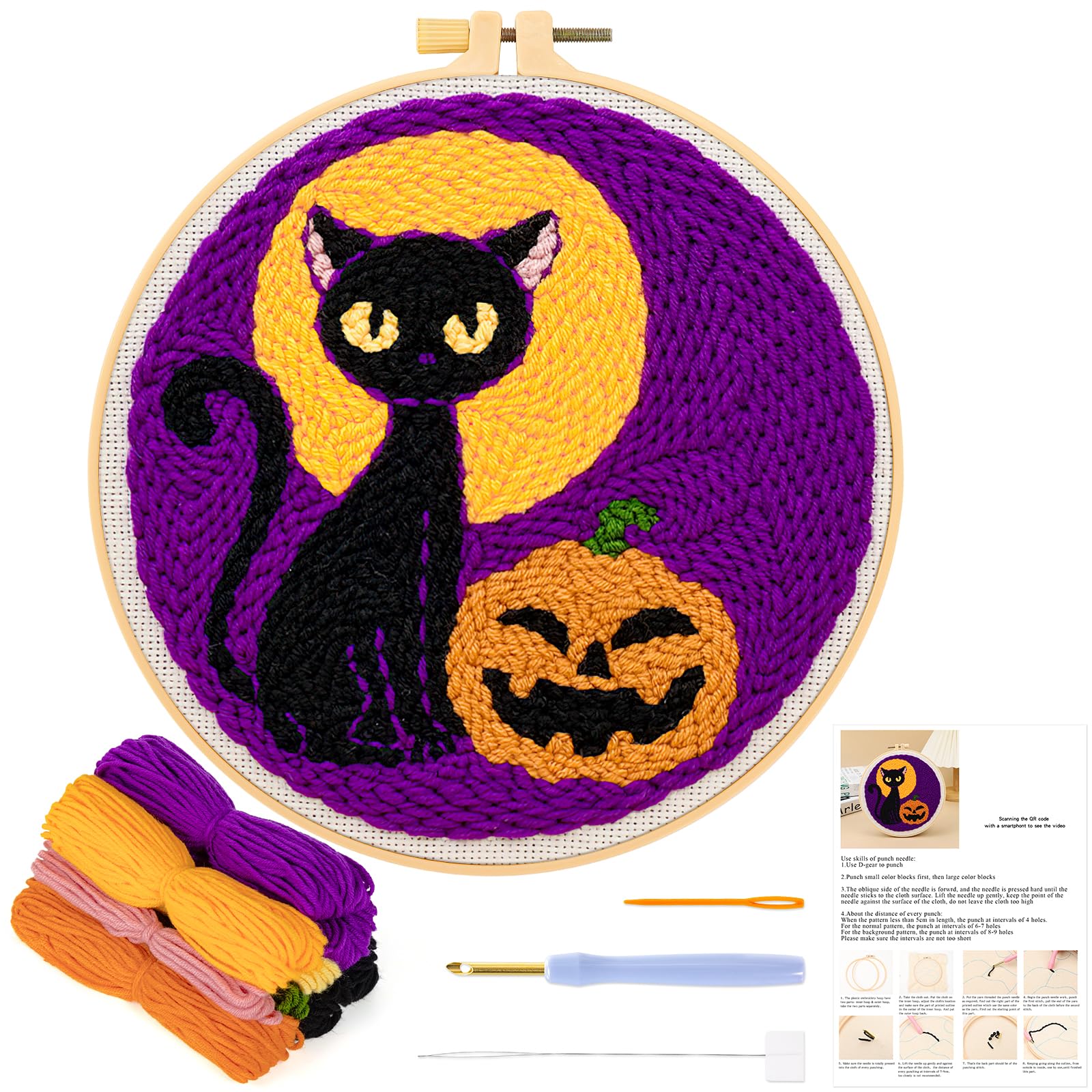 JSRQT Punch Needle Embroidery Starter Kits for Adults Beginners,Halloween DIY Handcraft Embroidery Starter Kits,Rug Hooking Beginner Kit with Black Cat Pumpkin Pattern