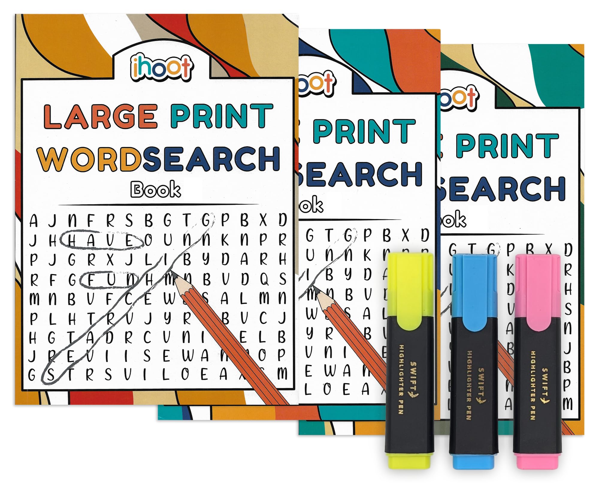 ihoot A4 Large Print Word Search Books for Adults and Highlighters Bundle | 3x Wordsearch Puzzle Books for Adults with 3x Highlighter Pens | Adult Activity Book, Brain Teasers - 60+ Puzzles Per Book