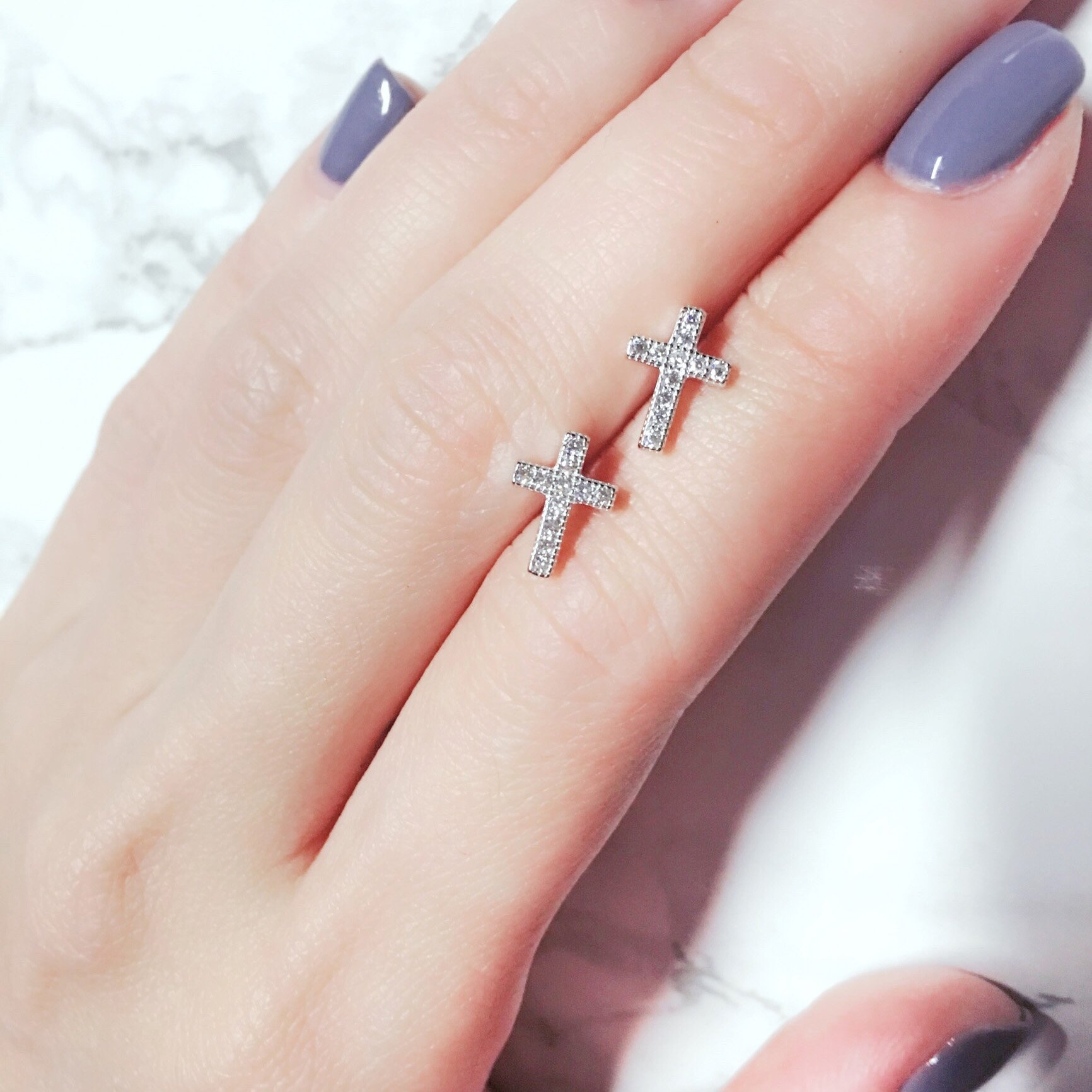 Spoil Cupid Rhodium-Plated Sterling Silver Cubic Zirconia Classic Mini Cross Stud Earrings