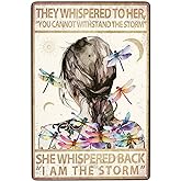 JOCASA Hippie Boho Vintage Metal Poster Sign Decor Encouragement Gifts for Women-She Whispered Back I Am The Storm Retro Aluminum Metal Tin Sign for Rustic Bedroom Living Room Home Office, 12''x 8''