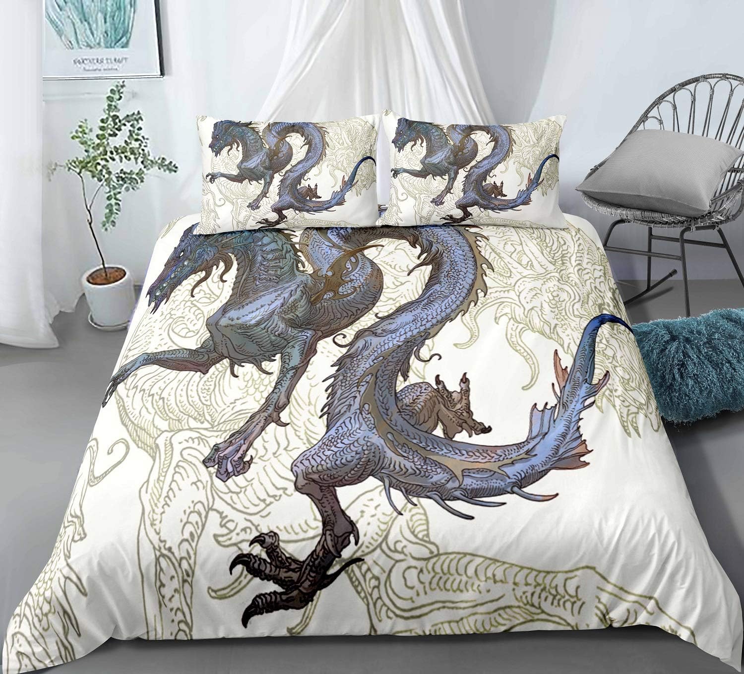 PATATINO MIO Christmas Designer Dragon Duvet Cover Twin Size 3D Blue Dragon Flying