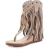 ATBELL Women's Bohemian Tassel Gladiator Sandals Brown Suede Thong Flip Flops for Fringe Summer Wedge Heel Sandal with Rivets Western Shoes