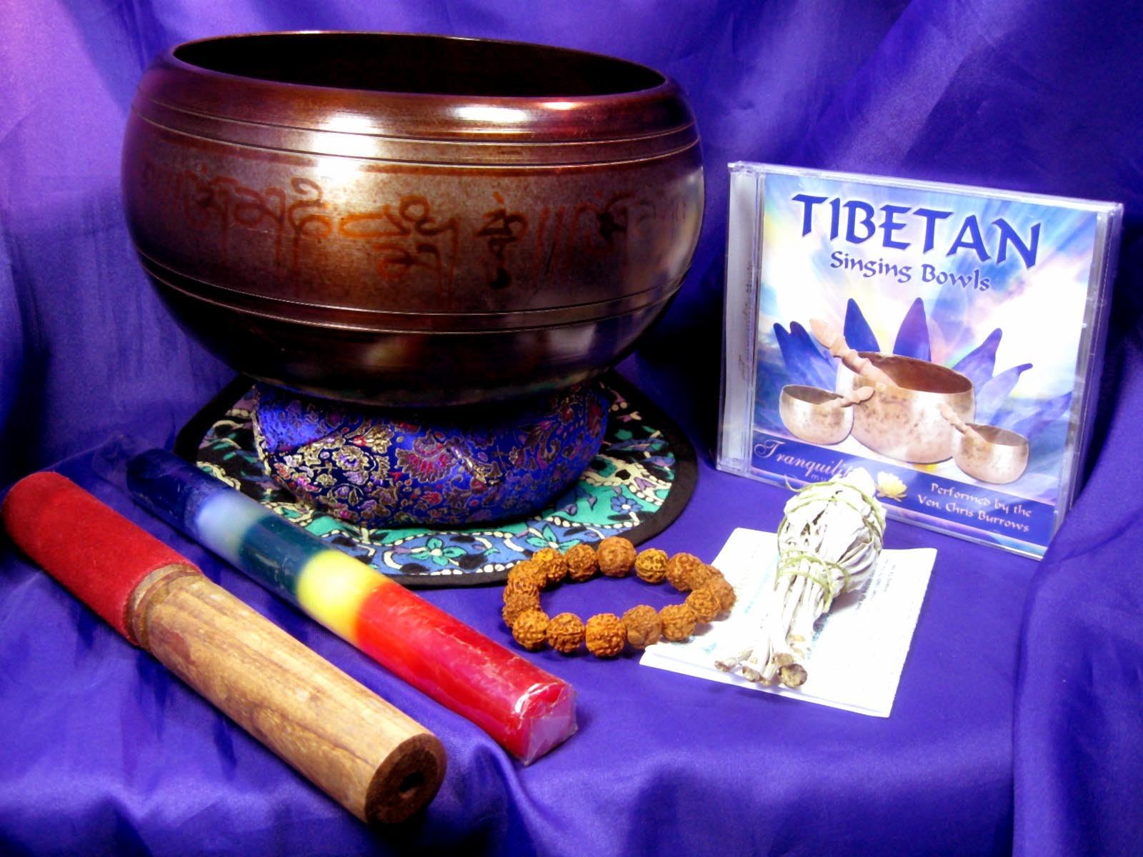 Tibetan ITB007F Artefacts: 23cm EXTRA LOUD Buddha Singing Bowl + Velvet Gong + Plush Cushion + CD + Smudge + Rudraksha Bracelet + Chakra Candle KIT