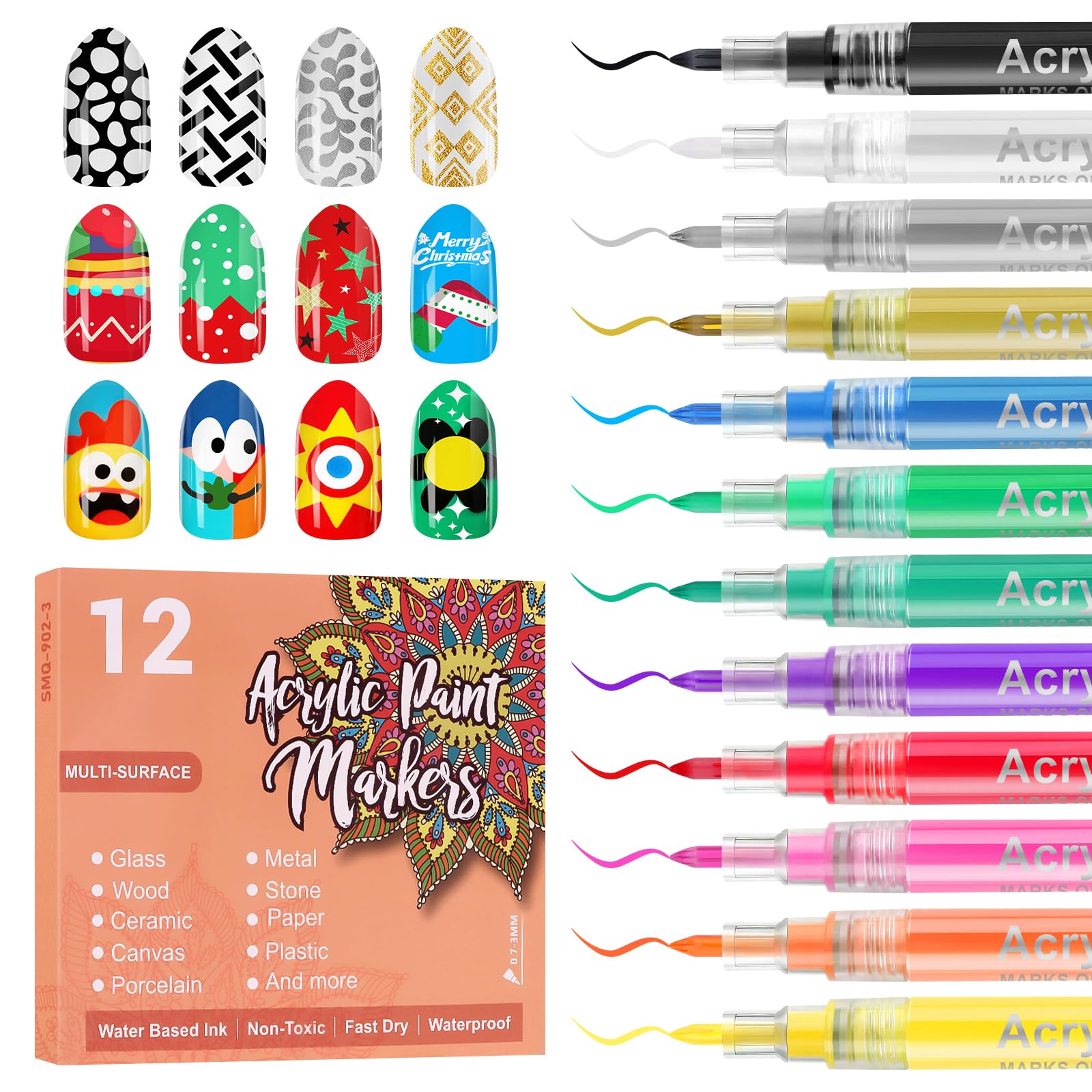 Photo 1 of 12 Color 3D Nail Art Pens Set, Kalolary 0.7MM Nail Polish Pens Nail Point Graffiti Dotting Pen Quick Drying Acrylic Paint Markers for Nail Art Design Home & Salon Nails DIY