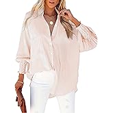 HOTEVE Women's Wrinkle-Resistant Smocked Cuffed Striped Button Shirt with Pocket Oversized Casual Boyfriend Blouse