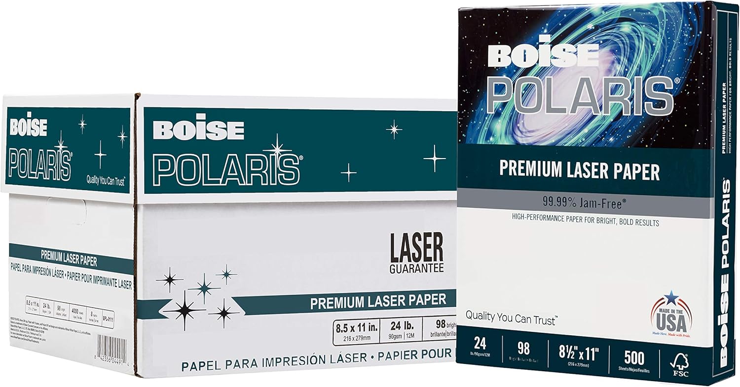 BOISE POLARIS Premium Laser Paper, 8.5" x 11" Letter, 98 Bright White, 24 lb., 8 Ream Carton (4, 000 Sheets) : Office Products
