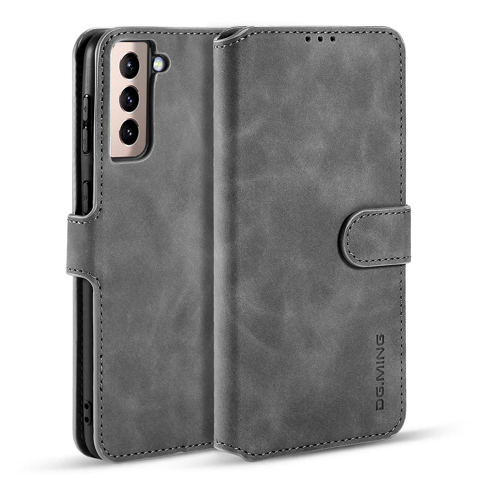 UEEBAI PU Leather Case for Samsung Galaxy S21 5G, Vintage Retro Premium Wallet Flip Cover TPU Inner Shell [Card Slots] [Magnetic Closure] Stand Function Folio Shockproof Full Protection - Grey