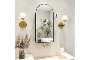 FKWin Arched Medicine Cabinet Mirror with Storage and Power Outlet, Left or Right Opening, Bathroom Mirrors for Over Sink, Surface Mount Medicine Cabinet not Recessed, Black, 20x34 inch