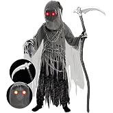 Spooktacular Creations Child Unisex Grim Reaper Costume, Halloween Costume with Glowing Red Eyes for Kids Trick-or-Treating